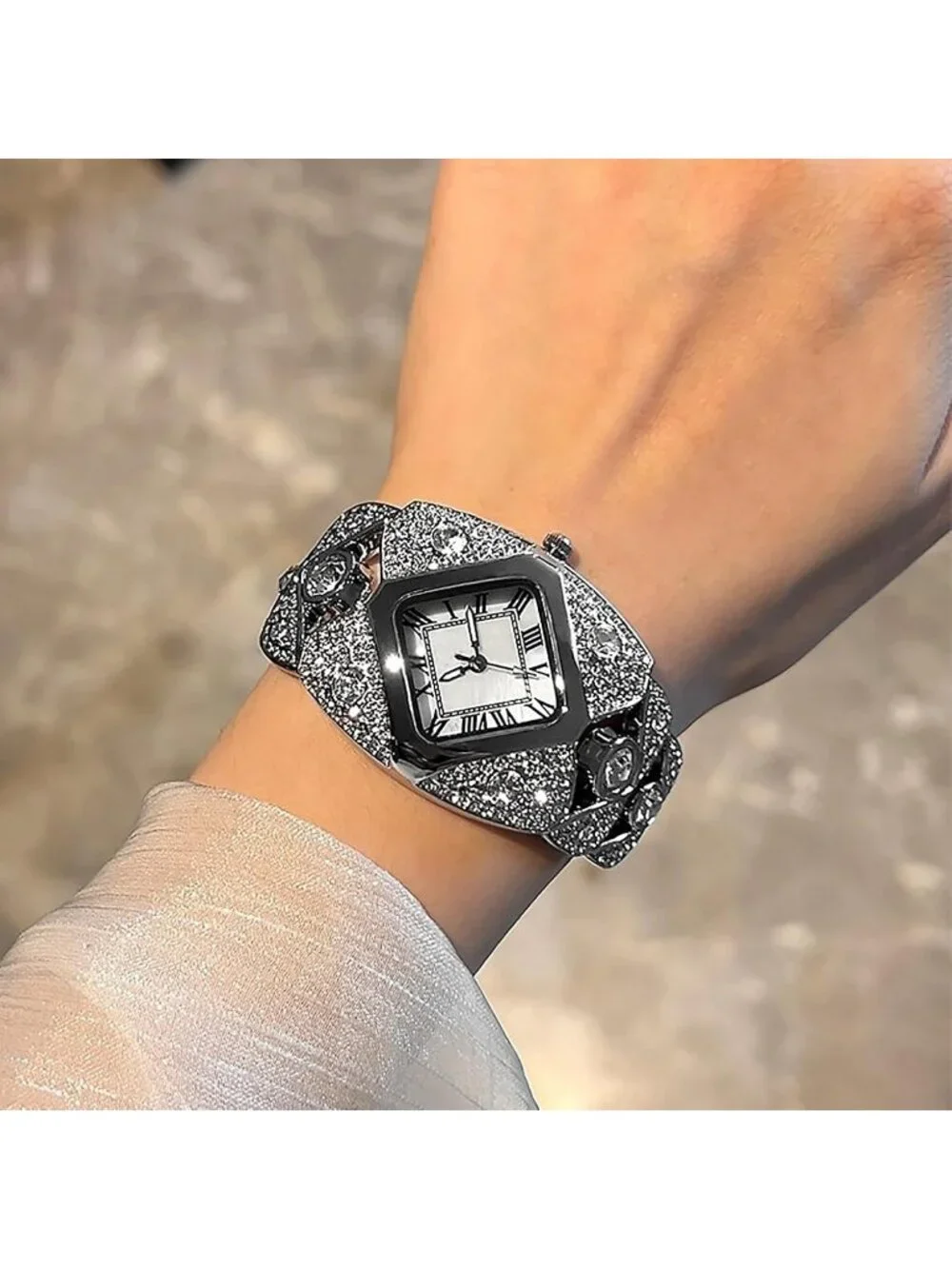 Women's Silver White Rhinestone Bracelet Roman Numerals Dial Stylish Wrist Watch
